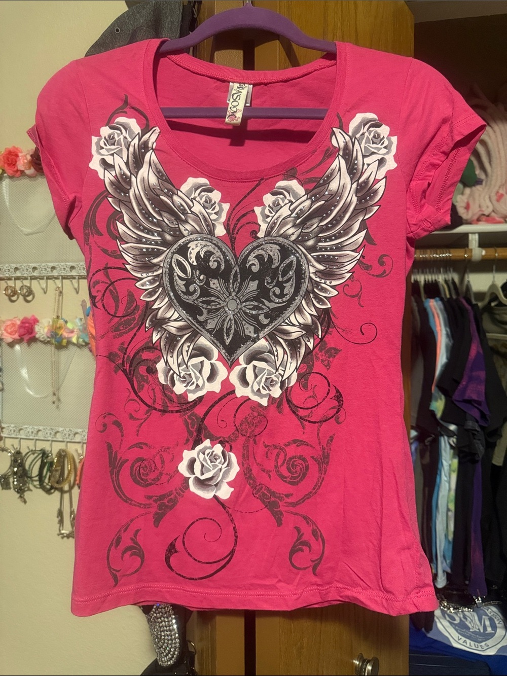 Ransom Pink Short-Sleeve Tee with Winged Heart and Rose Graphic